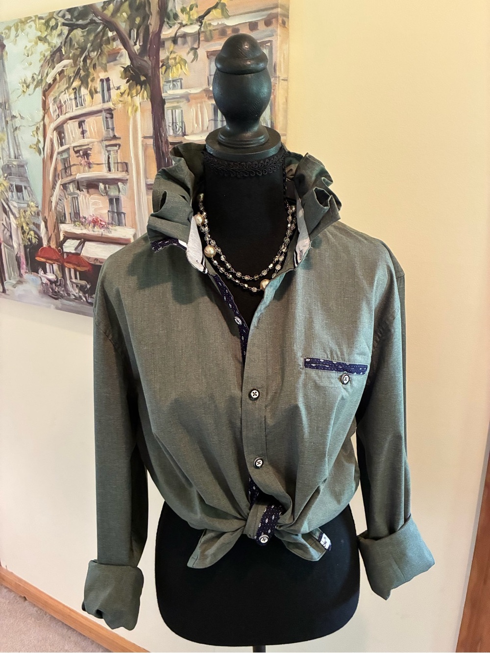 Women's Olive Button-Down Shirt with Navy Contrast Trim